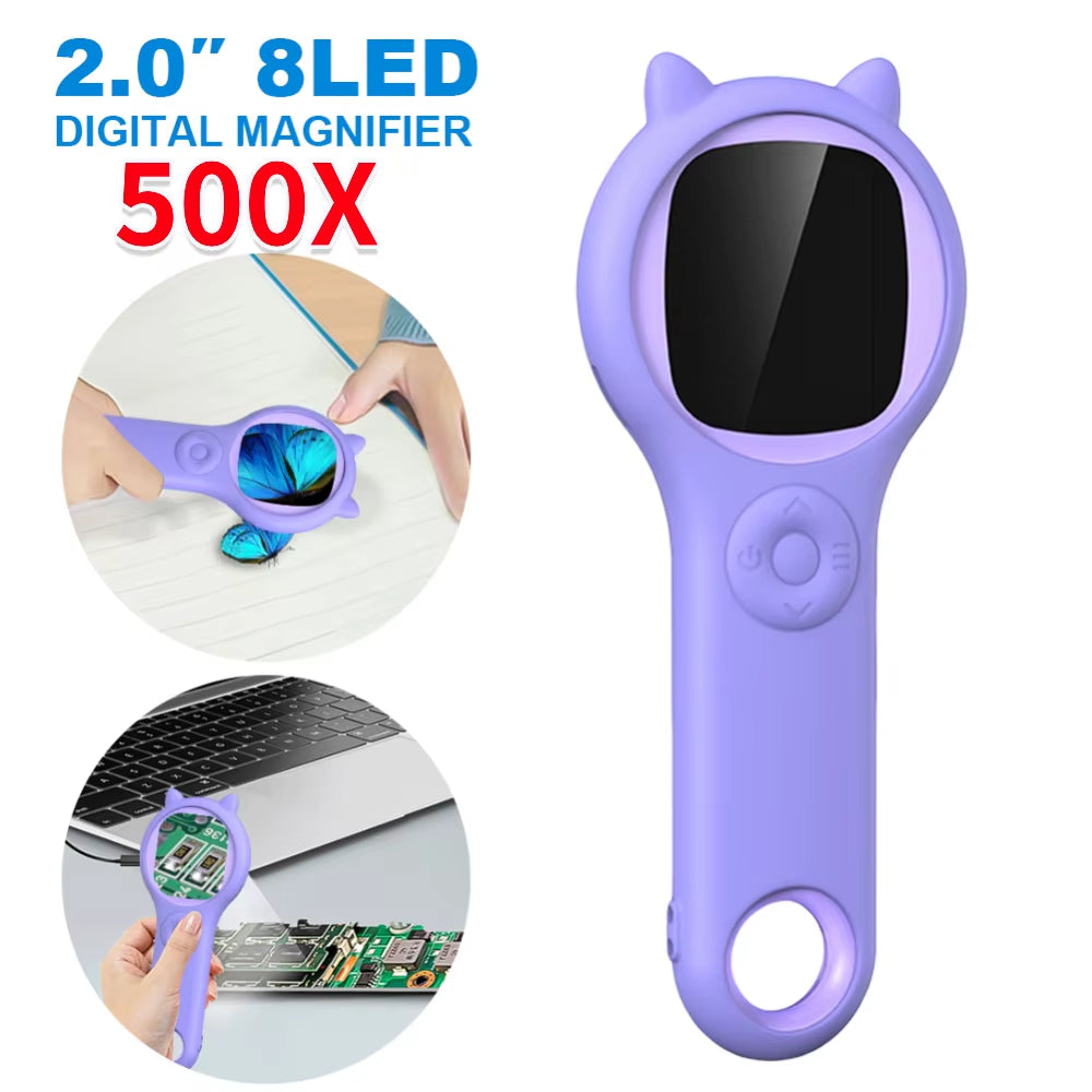 60-120X/500X Digital Handheld Microscope Magnifier 2.0 Inch IPS Screen Microscope Camera 8 LED 2 MP Electronic Coin Magnifier 