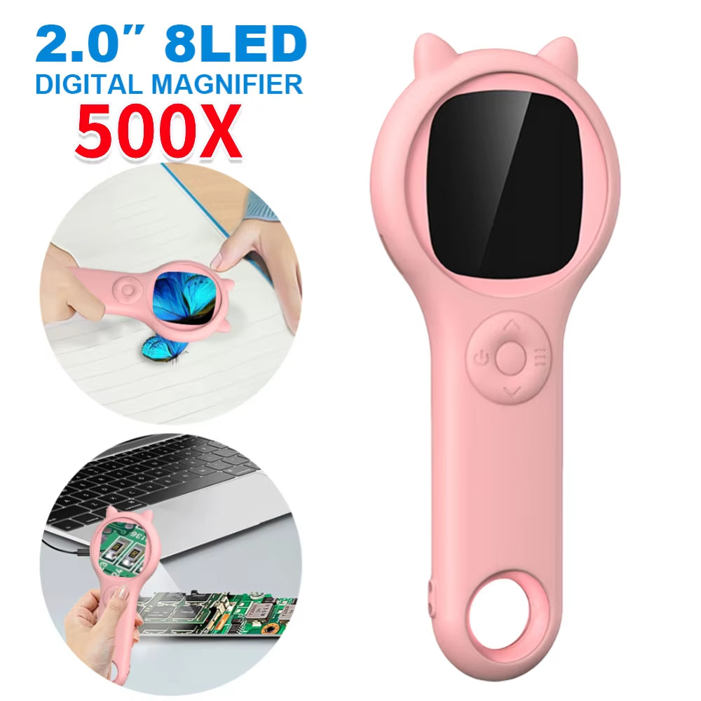 60-120X/500X Digital Handheld Microscope Magnifier 2.0 Inch IPS Screen Microscope Camera 8 LED 2 MP Electronic Coin Magnifier ﻿